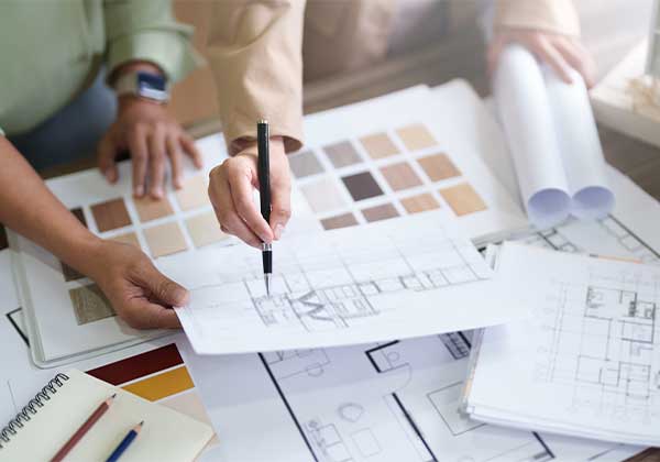 Madame Steel architectes d'intérieurs autour d'une table entrain de regarder un plan.