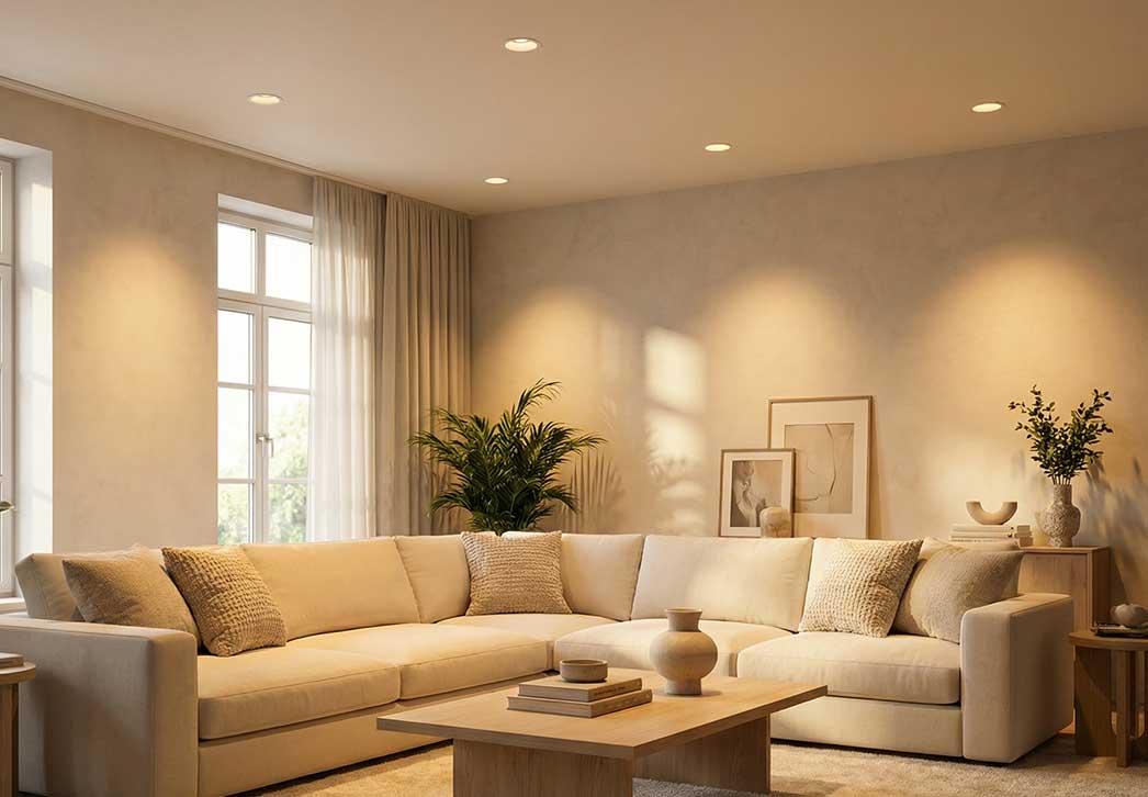 Madame Steel, salon éclairé avec des projecteurs encastrés de plafond : les Alpha Zénith