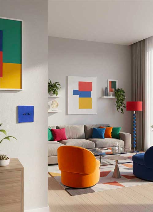 Interrupteur en finition Bleu texturé dans un intérieur coloré